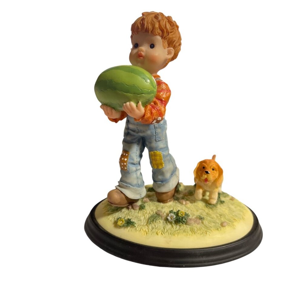 Sarah Kay From The Garden Figurine Boy Holding Watermelon w/ Dog Resin VTG 1980s
